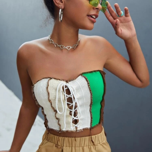 Color Block Top-Stitching Lace Up Front Crop Tube Top NWT - Picture 5 of 6